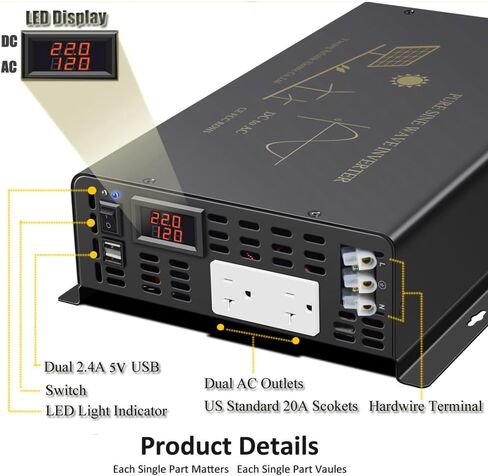 WZRELB 1500 واط محول موجة جيبية نقية مستمرة تيار مستمر 12 فولت إلى تيار متردد 120 فولت محول طاقة السيارة مع منافذ تيار متردد مزدوجة in Kuwait