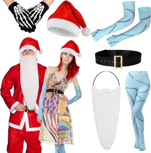 6 Pcs Christmas Nights Couple Costumes Accessories Men Santa Women Scar Costumes Skeleton Gloves for Christmas Halloween Movies Cosplay in Saudi Arabia