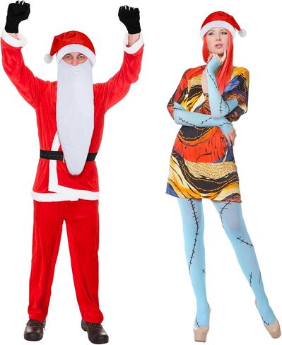 6 Pcs Christmas Nights Couple Costumes Accessories Men Santa Women Scar Costumes Skeleton Gloves for Christmas Halloween Movies Cosplay in Saudi Arabia