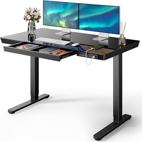 Marsail Glass Standing Desk with Drawer, 48 x 24 inch Electric Standing Desk, Height Adjustable Desk with One-Piece Tabletop & USB Charging Ports, Sit Stand Desk with Storage for Home & Office White in Saudi Arabia