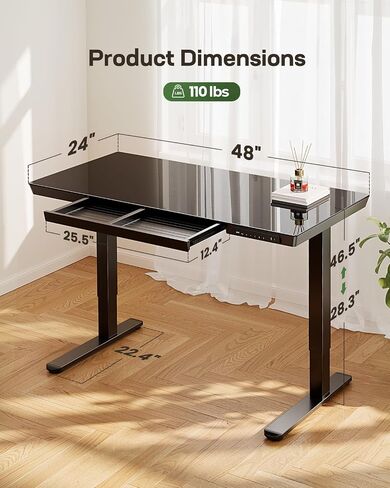 Marsail Glass Standing Desk with Drawer, 48 x 24 inch Electric Standing Desk, Height Adjustable Desk with One-Piece Tabletop & USB Charging Ports, Sit Stand Desk with Storage for Home & Office White in Saudi Arabia