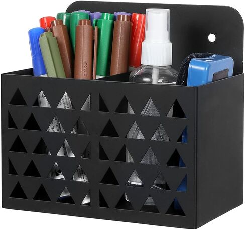 MyGift Wall Mounted Modern Black Metal Dry Erase Marker Holder with Triangle Cutout Design, 2 Compartment Office Supplies Storage Bin Organizer, Desktop Pen Pencil Holder in Saudi Arabia