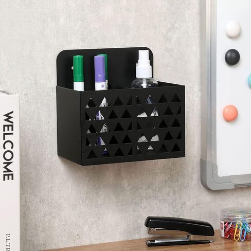 MyGift Wall Mounted Modern Black Metal Dry Erase Marker Holder with Triangle Cutout Design, 2 Compartment Office Supplies Storage Bin Organizer, Desktop Pen Pencil Holder in Saudi Arabia