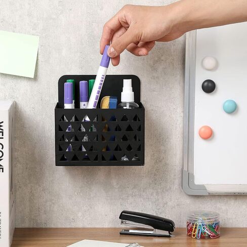 MyGift Wall Mounted Modern Black Metal Dry Erase Marker Holder with Triangle Cutout Design, 2 Compartment Office Supplies Storage Bin Organizer, Desktop Pen Pencil Holder in Saudi Arabia