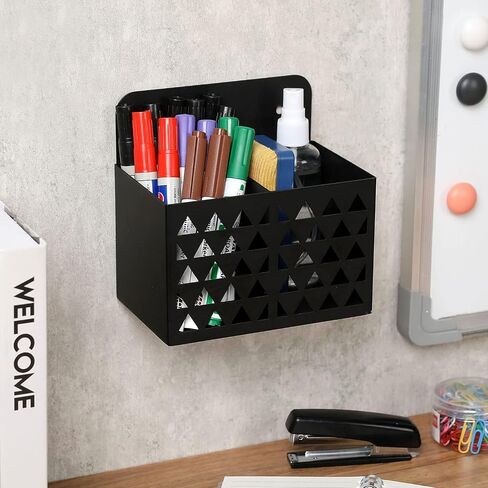 MyGift Wall Mounted Modern Black Metal Dry Erase Marker Holder with Triangle Cutout Design, 2 Compartment Office Supplies Storage Bin Organizer, Desktop Pen Pencil Holder in Saudi Arabia