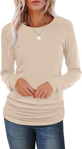 Saloogoe Womens Long Sleeve Shirts Dressy Casual Tops Crewneck Pleated Buttom Shirt in Saudi Arabia