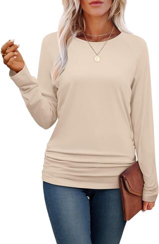 Saloogoe Womens Long Sleeve Shirts Dressy Casual Tops Crewneck Pleated Buttom Shirt in Saudi Arabia