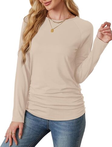Saloogoe Womens Long Sleeve Shirts Dressy Casual Tops Crewneck Pleated Buttom Shirt in Saudi Arabia