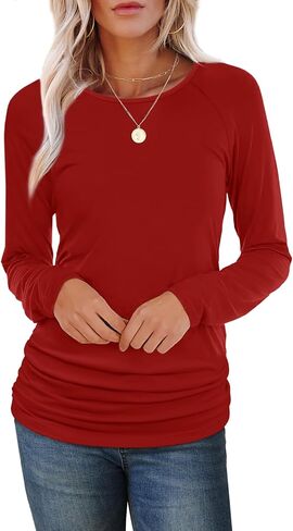 Saloogoe Womens Long Sleeve Shirts Dressy Casual Tops Crewneck Pleated Buttom Shirt in Saudi Arabia