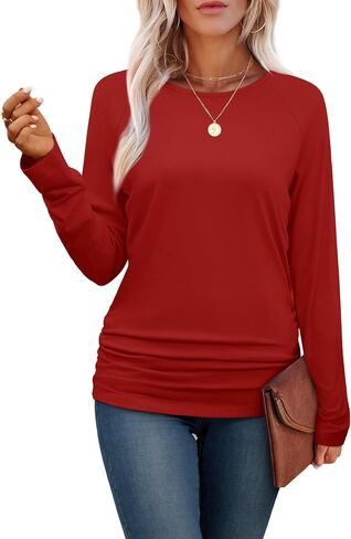 Saloogoe Womens Long Sleeve Shirts Dressy Casual Tops Crewneck Pleated Buttom Shirt in Saudi Arabia