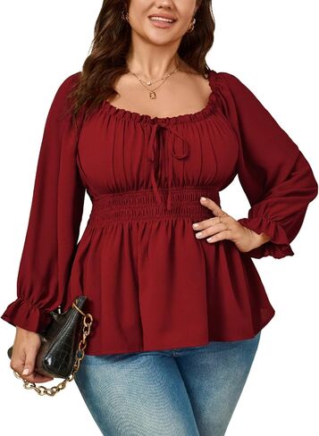 Womens Plus Size Tops Square Neck Long Sleeve Blouse Babydoll Ruffle Peplum Smocked Fall Top in Kuwait