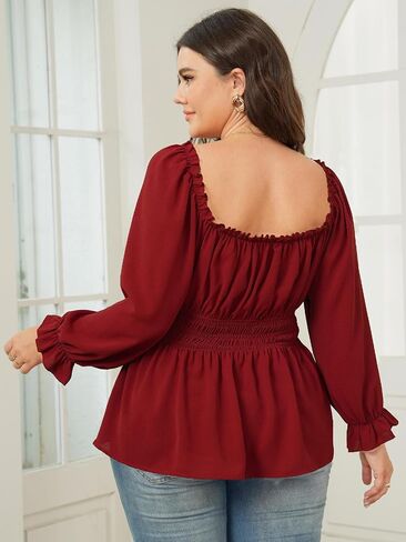 Womens Plus Size Tops Square Neck Long Sleeve Blouse Babydoll Ruffle Peplum Smocked Fall Top in Kuwait