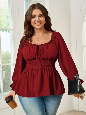 Womens Plus Size Tops Square Neck Long Sleeve Blouse Babydoll Ruffle Peplum Smocked Fall Top in Kuwait