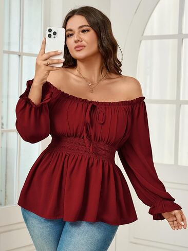 Womens Plus Size Tops Square Neck Long Sleeve Blouse Babydoll Ruffle Peplum Smocked Fall Top in Kuwait
