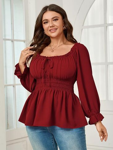 Womens Plus Size Tops Square Neck Long Sleeve Blouse Babydoll Ruffle Peplum Smocked Fall Top in Kuwait
