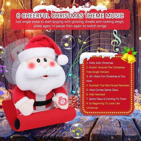 سانتا كلوز الموسيقية ركوب مزلقة الغناء الرقص الكهربائية عيد الميلاد سانتا محشوة الحيوان مع خدود مضيئة، يهز الرأس، لعبة أفخم لينة الدمى المتحركة التفاعلية الديكور هدايا عيد الميلاد in Kuwait