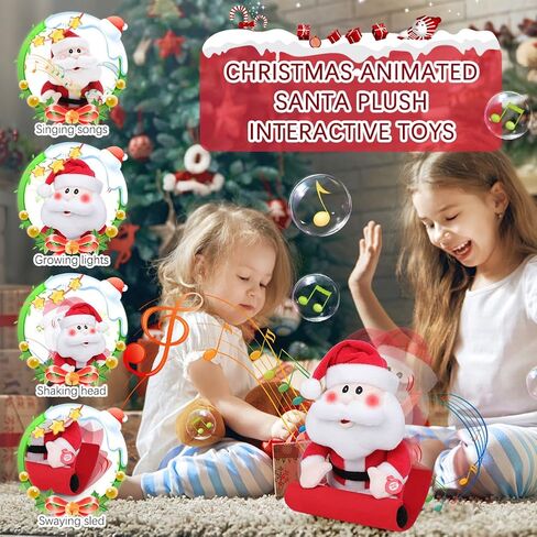 سانتا كلوز الموسيقية ركوب مزلقة الغناء الرقص الكهربائية عيد الميلاد سانتا محشوة الحيوان مع خدود مضيئة، يهز الرأس، لعبة أفخم لينة الدمى المتحركة التفاعلية الديكور هدايا عيد الميلاد in Kuwait