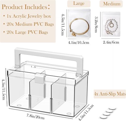 3-in-1 Acrylic Jewelry Organizers and Storage with 40 Portable Anti Tarnish Jewelry Bags, Clear Jewelry Box Organizer with Handle, Travel Jewelry Case for Earrings Necklaces Bracelets for Women Girls in Saudi Arabia