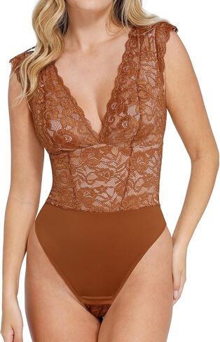 Popilush Lace Bodysuit for Women - Tank Top Thong Shapewear Tummy Control Going Out Tops Deep V Neck Body Suits in Saudi Arabia