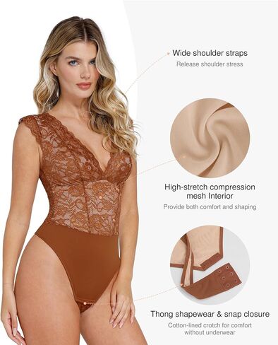 Popilush Lace Bodysuit for Women - Tank Top Thong Shapewear Tummy Control Going Out Tops Deep V Neck Body Suits in Saudi Arabia
