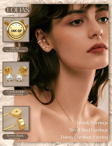 LOLIAS Dainty Hypoallergenic Flat Back Stud Earrings for Women Trendy | 14K Gold Filled Cartilage Earring Helix Conch Tragus Piercing Jewelry | Small Surgical Stainless Steel Earring Sets 20G in Kuwait