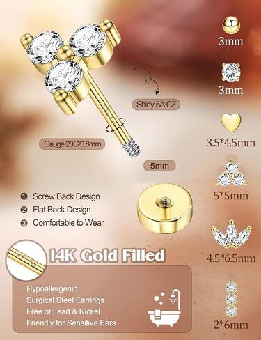 LOLIAS Dainty Hypoallergenic Flat Back Stud Earrings for Women Trendy | 14K Gold Filled Cartilage Earring Helix Conch Tragus Piercing Jewelry | Small Surgical Stainless Steel Earring Sets 20G in Kuwait