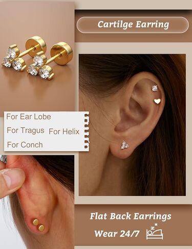 LOLIAS Dainty Hypoallergenic Flat Back Stud Earrings for Women Trendy | 14K Gold Filled Cartilage Earring Helix Conch Tragus Piercing Jewelry | Small Surgical Stainless Steel Earring Sets 20G in Kuwait