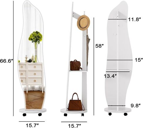 Full Length Mirror, Full Body Mirror Floor Mirror with Coat Rack with Wheels, Large Mirror Free Standing Mirror with Clothes Rack for Living Room, Bedroom and Apartment. in Saudi Arabia