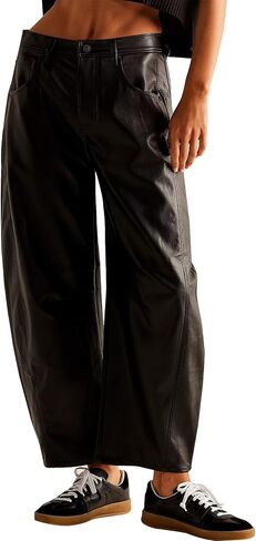 Women Faux Leather Pants Low Rise Baggy Barrel Jeans Wide Leg Trousers with Pockets in Saudi Arabia