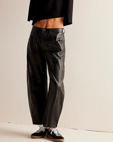 Women Faux Leather Pants Low Rise Baggy Barrel Jeans Wide Leg Trousers with Pockets in Saudi Arabia