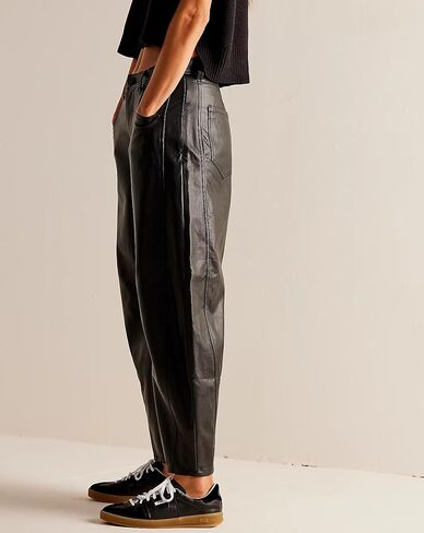 Women Faux Leather Pants Low Rise Baggy Barrel Jeans Wide Leg Trousers with Pockets in Saudi Arabia