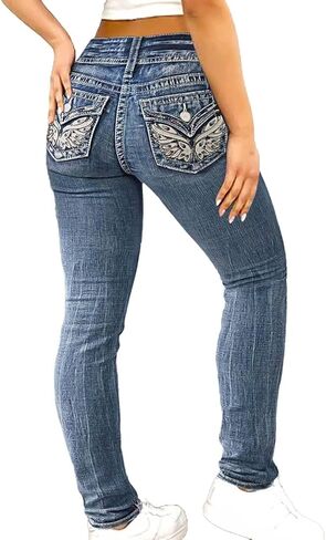 Flamingals Women's Boot Cut Jeans Butt Lifting Stretch Jeans Embroidered Skinny Leg Mid Rise Double Button Jeans in Saudi Arabia
