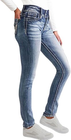 Flamingals Women's Boot Cut Jeans Butt Lifting Stretch Jeans Embroidered Skinny Leg Mid Rise Double Button Jeans in Saudi Arabia