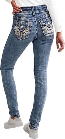 Flamingals Women's Boot Cut Jeans Butt Lifting Stretch Jeans Embroidered Skinny Leg Mid Rise Double Button Jeans in Saudi Arabia