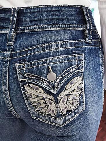 Flamingals Women's Boot Cut Jeans Butt Lifting Stretch Jeans Embroidered Skinny Leg Mid Rise Double Button Jeans in Saudi Arabia