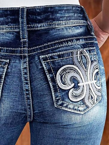 بنطلون جينز نسائي من Flamingals ذو قصة ضيقة لرفع المؤخرة ومطرز بنطال جينز ضيق متوسط ​​الارتفاع بزر مزدوج in Saudi Arabia