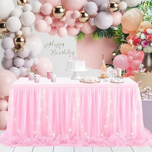 6ft Pink Tulle Table Skirt for Rectangle Tables or Round Tables with LED Lights Baby Shower Tablecloth Tutu Table Skirts for Princess Girl Birthday Party Cake Dessert Table Decorations in Saudi Arabia
