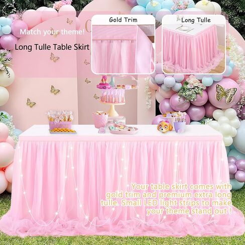 6ft Pink Tulle Table Skirt for Rectangle Tables or Round Tables with LED Lights Baby Shower Tablecloth Tutu Table Skirts for Princess Girl Birthday Party Cake Dessert Table Decorations in Saudi Arabia