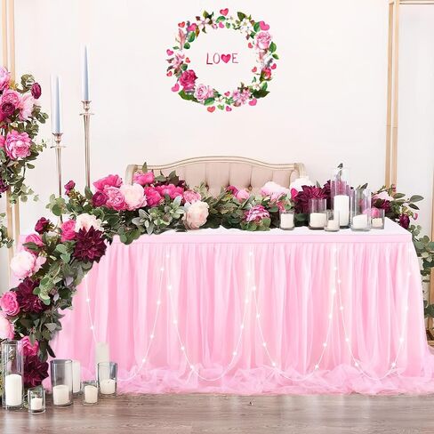 6ft Pink Tulle Table Skirt for Rectangle Tables or Round Tables with LED Lights Baby Shower Tablecloth Tutu Table Skirts for Princess Girl Birthday Party Cake Dessert Table Decorations in Saudi Arabia