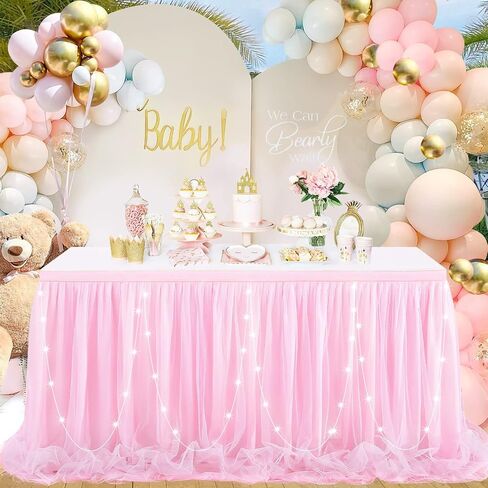 6ft Pink Tulle Table Skirt for Rectangle Tables or Round Tables with LED Lights Baby Shower Tablecloth Tutu Table Skirts for Princess Girl Birthday Party Cake Dessert Table Decorations in Saudi Arabia