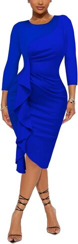 Women's Ruffle Wear to Work Dress, Long Sleeve Crew Neck Colorblock Sheath Bodycon Midi Dresses in Saudi Arabia