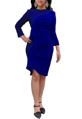 Women's Ruffle Wear to Work Dress, Long Sleeve Crew Neck Colorblock Sheath Bodycon Midi Dresses in Saudi Arabia