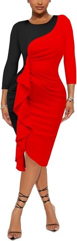 Women's Ruffle Wear to Work Dress, Long Sleeve Crew Neck Colorblock Sheath Bodycon Midi Dresses in Saudi Arabia