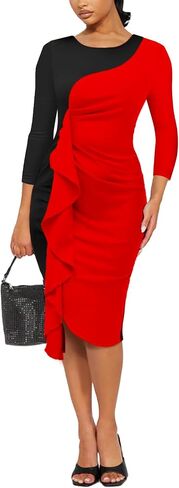 Women's Ruffle Wear to Work Dress, Long Sleeve Crew Neck Colorblock Sheath Bodycon Midi Dresses in Saudi Arabia