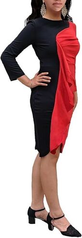 Women's Ruffle Wear to Work Dress, Long Sleeve Crew Neck Colorblock Sheath Bodycon Midi Dresses in Saudi Arabia