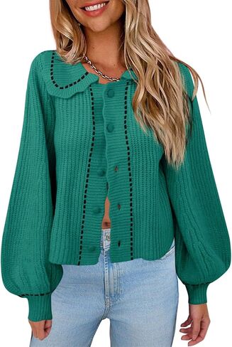 Saodimallsu Womens Puff Sleeve Cardigans 2024 Fall Babydoll Collared Button Loose Ribbed Knit Color Block Sweater Coats in Saudi Arabia
