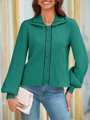 Saodimallsu Womens Puff Sleeve Cardigans 2024 Fall Babydoll Collared Button Loose Ribbed Knit Color Block Sweater Coats in Saudi Arabia