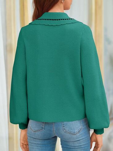 Saodimallsu Womens Puff Sleeve Cardigans 2024 Fall Babydoll Collared Button Loose Ribbed Knit Color Block Sweater Coats in Saudi Arabia