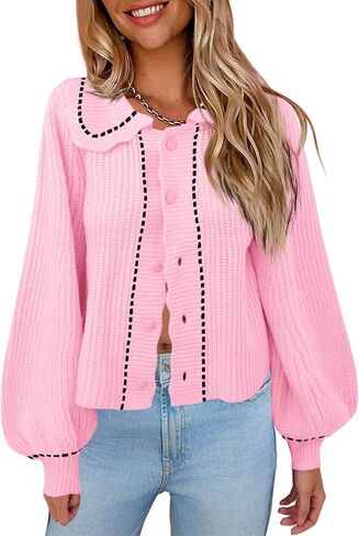 Saodimallsu Womens Puff Sleeve Cardigans 2024 Fall Babydoll Collared Button Loose Ribbed Knit Color Block Sweater Coats in Saudi Arabia