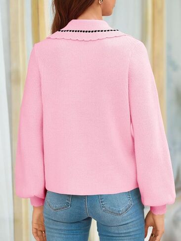 Saodimallsu Womens Puff Sleeve Cardigans 2024 Fall Babydoll Collared Button Loose Ribbed Knit Color Block Sweater Coats in Saudi Arabia